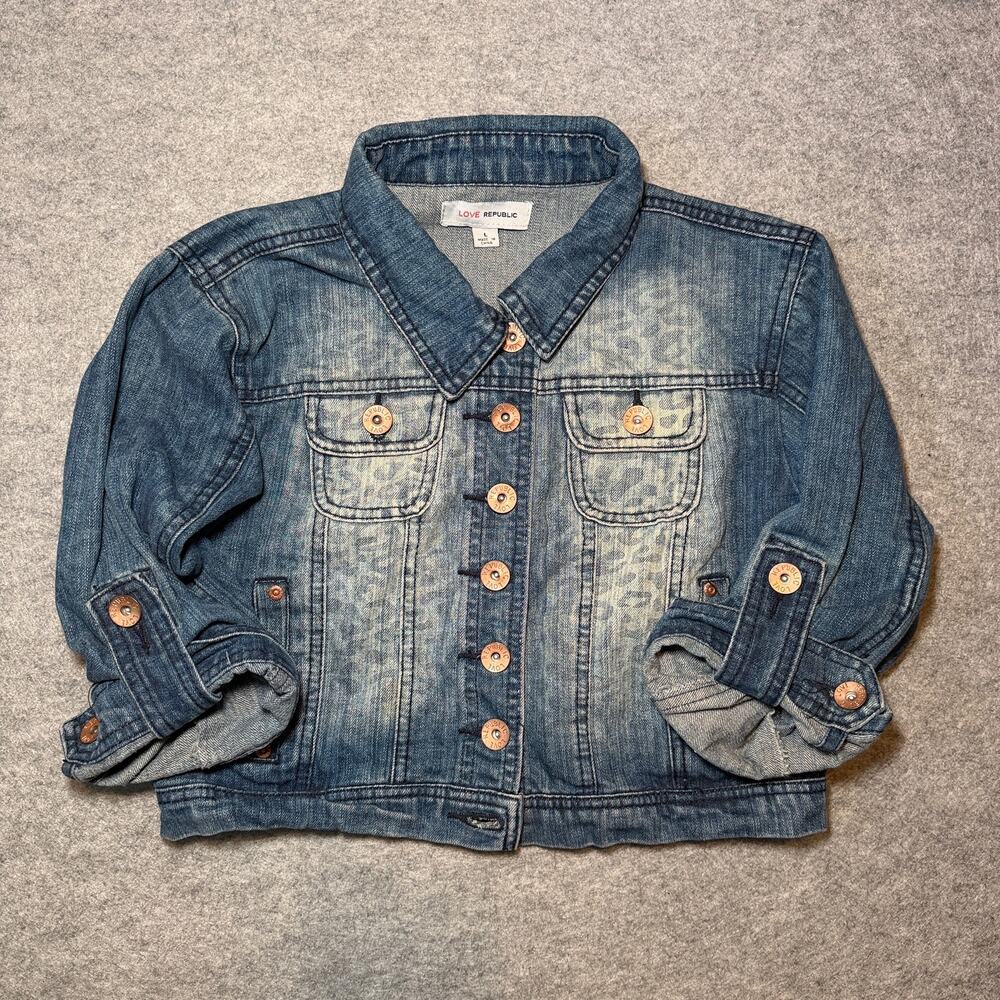 Love Republic Women's Denim Jacket L Casual Blue Leopard Print
